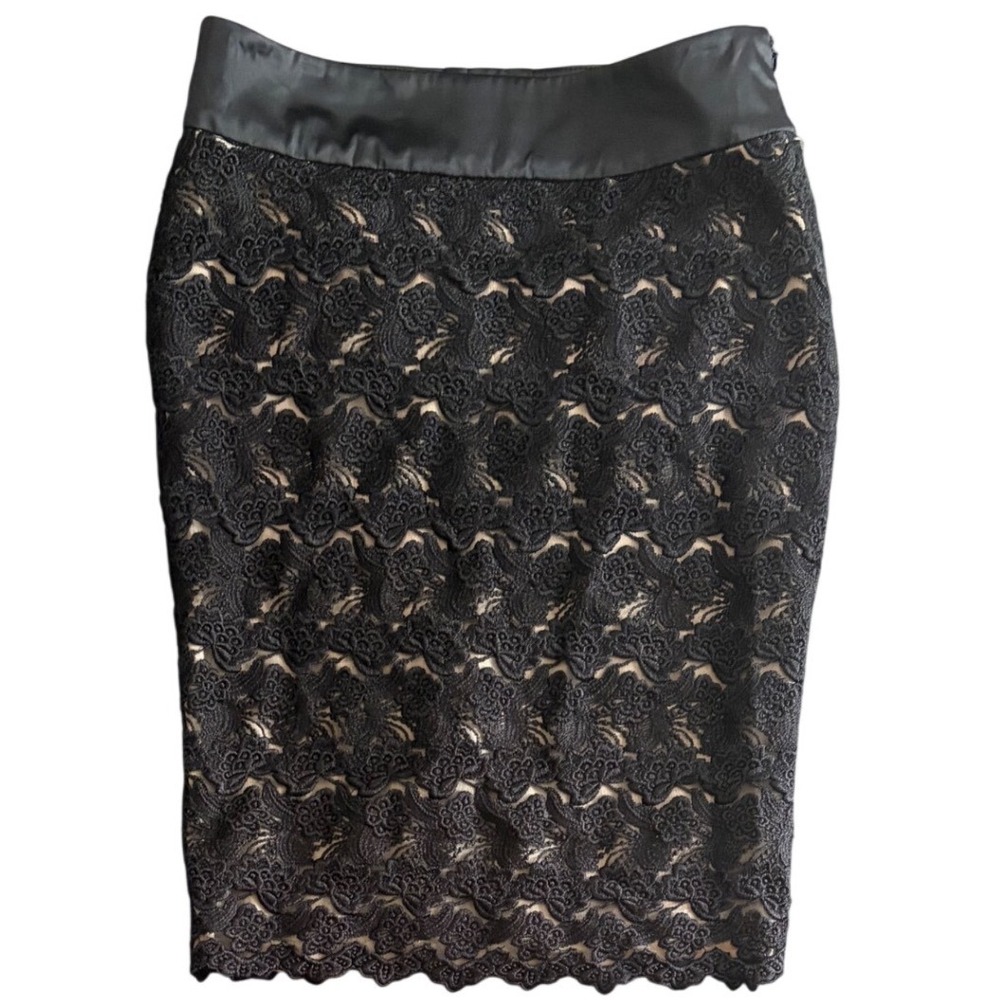 Bebe Black Floral Lace Corset Back Pencil Skirt Tan Lining Size 8‎